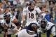Nov 10, 2013; San Diego, CA, USA; Denver Broncos quarterback Peyton Manning (18) calls a play at the line of scrimmage during the closing minute in the Broncos win over the San Diego Chargers at Qualcomm Stadium. Mandatory Credit: Robert Hanashiro-USA TO