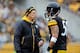 PITTSBURGH, PA - DECEMBER 09: Defensive Coordinator Dick Lebeau of the Pittsburgh Steelers talks with Larry Foote #50 during the third quarter against the San Diego Chargers on December 9, 2012 at Heinz Field in Pittsburgh, Pennsylvania. (Photo by Joe S