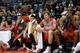 LOS ANGELES, CA - NOVEMBER 04: (R-L) Dwight Howard #12, Omer Asik #3, Jeremy Lin #7, Chandler Parsons #25 and James Harden #13 of the Houston Rockets react from the bench during a 137-118 loss to the Los Angeles Clippers at Staples Center on November 4,