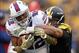 Nov 10, 2013; Pittsburgh, PA, USA; Buffalo Bills running back Fred Jackson (22) carries the ball against Pittsburgh Steelers defensive end Cameron Heyward (97) during the fourth quarter at Heinz Field. The Pittsburgh Steelers won 23-10. Mandatory Credit: