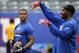 Sep 15, 2013; East Rutherford, NJ, USA; New York Giants wide receivers Victor Cruz (80, left) and Hakeem Nicks (88) warm up before the game against the Denver Broncos at MetLife Stadium. Mandatory Credit: Andrew Mills/THE STAR-LEDGER via USA TODAY Sports