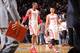 HOUSTON, TX - NOVEMBER 7: Dwight Howard #12 and Jeremy Lin #7 of the Houston Rockets walk off the court after the game against the Los Angeles Lakers on November 7, 2013 at the Toyota Center in Houston, Texas. NOTE TO USER: User expressly acknowledges and
