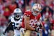SAN FRANCISCO, CA - NOVEMBER 10: Vance McDonald #89 of the San Francisco 49ers drops a pass while defended by Luke Kuechly #59 of the Carolina Panthers at Candlestick Park on November 10, 2013 in San Francisco, California. (Photo by Ezra Shaw/Getty Imag