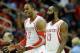 HOUSTON, TX - NOVEMBER 11: Dwight Howard #12 and James Harden #13 of the Houston Rockets walk off the court during the game against the Toronto Raptors at Toyota Center on November 11, 2013 in Houston, Texas. NOTE TO USER: User expressly acknowledges and