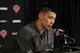 Mar 31, 2012; New York, NY, USA; New York Knicks point guard Jeremy Lin (17) holds a press conference to announce that he will be out for the remainder of the season with a partially torn meniscus before the game against the Cleveland Cavaliers at Madiso