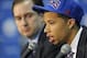 Jun 28, 2013; Philadelphia, PA, USA; Philadelphia 76ers point guard Michael Carter-Williams (1) is introduced during press conference at Philadelphia College of Osteopathic Medicine. He was the 11th pick overall in the NBA Draft. At left is general manage