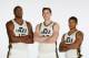 SALT LAKE CITY, UT - SEPTEMBER 30: (from left) Derrick Favors #15, Gordon Hayward #20 and Trey Burke #3 of the Utah Jazz pose for a photo during 2013 Media Day at Zions Basketball Center on September 30, 2013 in Salt Lake City, Utah. NOTE TO USER: User e