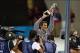 Aug 4, 2012; London, United Kingdom; USA swimmer Michael Phelps celebrates with the best Olympic athlete ever trophy after winning the gold medal in the men's 4x100m medley relay final during the London 2012 Olympic Games at the Aquatics Centre. Mandator