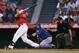 ANAHEIM, CA - AUGUST 07: Mike Trout #27 of the Los Angeles Angels of Anaheim hits a two-run home run against the Texas Rangers in the first inning at Angel Stadium of Anaheim on August 7, 2013 in Anaheim, California. (Photo by Jeff Gross/Getty Images)