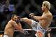May 5, 2012; East Rutherford, NJ, USA; Johny Hendricks (left) fights Josh Koscheck in a welterweight bout during UFC on Fox 3 at the Izod Center. Johny Hendricks won by split decision in the third round. Mandatory Credit: Joe Camporeale-USA TODAY Sports