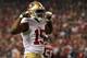 ATLANTA, GA - JANUARY 20: Wide receiver Michael Crabtree #15 of the San Francisco 49ers reacts after catching a 33-yard pass in the fourth quarter against the Atlanta Falcons in the NFC Championship game at the Georgia Dome on January 20, 2013 in Atlanta