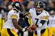 FOXBORO, MA - NOVEMBER 3: Ben Roethlisberger #7 of the Pittsburgh Steelers hands the ball to Le'Veon Bell #26 during a game with the New England Patriots in the 1st half at Gillette Stadium on November 3, 2013 in Foxboro, Massachusetts. (Photo by Jim Roga