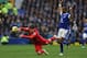 LIVERPOOL, ENGLAND - OCTOBER 28: Luis Suarez of Liverpool goes down as he competes with Sylvain Distin of Everton during the Barclays Premier League match between Everton and Liverpool at Goodison Park on October 28, 2012 in Liverpool, England. (Photo b