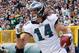 GREEN BAY, WI - NOVEMBER 10: Riley Cooper #14 of the Philadelphia Eagles celebrates a fourth quarter touchdown while playing the Green Bay Packers at Lambeau Field on November 10, 2013 in Green Bay, Wisconsin. Philadelphia won the game 27-13. (Photo by Gr