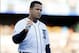 Oct 8, 2013; Detroit, MI, USA; Detroit Tigers third baseman Miguel Cabrera reacts after flying out during the fourth inning in game four of the American League divisional series playoff baseball game against the Oakland Athletics at Comerica Park. Mandato
