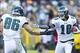 Nov 10, 2013; Green Bay, WI, USA; Philadelphia Eagles tight end Zach Ertz (86) celebrates the touchdown with Philadelphia Eagles wide receiver DeSean Jackson (10) during the first quarter against the Green Bay Packers at Lambeau Field. Mandatory Credit: J