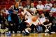 Nov 15, 2013; Miami, FL, USA; Miami Heat small forward LeBron James (6) drives to the basket as Dallas Mavericks small forward Shawn Marion (0) defends during the first quarter at American Airlines Arena. Mandatory Credit: Steve Mitchell-USA TODAY Sports