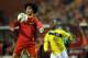 BRUSSELS, BELGIUM - NOVEMBER 14: (L-R) Marouane Fellani of Belgium and Pablo Armero of Colombia go up for a header during the international friendly match between Belgium and Colombia at King Badouin stadium on November 14, 2013 in Brussels, Belgium. (Pho