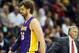 Nov 13, 2013; Denver, CO, USA; Los Angeles Lakers forward Pau Gasol (16) reacts during second first half against the Denver Nuggets at Pepsi Center. The Nuggets won 111-99. Mandatory Credit: Chris Humphreys-USA TODAY Sports