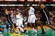 BOSTON, MA - NOVEMBER 28: Kevin Garnett #5, Jason Terry #4, and Rajon Rondo #9 of the Boston Celtics get into a fight with Kris Humphries #43 of the Brooklyn Nets during the game after Garnett was fouled on a play on November 28, 2012 at TD Garden in Bost