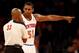 NEW YORK, NY - NOVEMBER 05: Metta World Peace #51 of the New York Knicks discusses his flagrant foul call with a referee in the second half against the Charlotte Bobcats at Madison Square Garden on November 5, 2013 in New York City.The Charlotte Bobcats