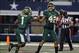 Nov 16, 2013; Arlington, TX, USA; Baylor Bears receiver Levi Norwood (42) celebrates his touchdown after a catch in the second quarter with Corey Coleman (1) against the Texas Tech Red Raiders at AT&T Stadium. Mandatory Credit: Matthew Emmons-USA TODAY Sp