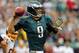 PHILADELPHIA, PA - NOVEMBER 17: Quarterback Nick Foles #9 of the Philadelphia Eagles looks to pass in the first half against the Washington Redskins during a game at Lincoln Financial Field on November 17, 2013 in Philadelphia, Pennsylvania. (Photo by Ric