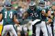 PHILADELPHIA, PA - NOVEMBER 17: Running back LeSean McCoy #25 of the Philadelphia Eagles celebrates his rushing touchdown with teammate Riley Cooper #14 during the second quarter against the Washington Redskins during a game at Lincoln Financial Field on