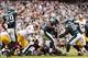 Nov 17, 2013; Philadelphia, PA, USA; Philadelphia Eagles defensive end Fletcher Cox (91) runs back an interception during the second quarter against the Washington Redskins at Lincoln Financial Field. Mandatory Credit: Howard Smith-USA TODAY Sports