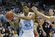 Nov 17, 2013; Chapel Hill, NC, USA; North Carolina Tar Heels forward James Michael McAdoo (43) pulls down a rebound during the second half at Dean E. Smith Student Activities Center. Belmont won 83-80. Mandatory Credit: Liz Condo-USA TODAY Sports
