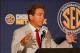 Jul 18, 2013; Hoover, AL, USA; Alabama Crimson Tide head coach Nick Saban talks with the media during the 2013 SEC football media days at the Hyatt Regency. Mandatory Credit: Marvin Gentry-USA TODAY Sports.