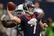 Nov 17, 2013; Houston, TX, USA; Houston Texans quarterback Case Keenum (7) throws an interception under pressure from Oakland Raiders defensive tackle Stacy McGee (92) at Reliant Stadium. Mandatory Credit: Kirby Lee-USA TODAY Sports