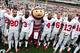 Nov 16, 2013; Champaign, IL, USA; Ohio State Buckeyes players sing the alma mater after defeating the Illinois Fighting Illini 60-35 at Memorial Stadium. Mandatory Credit: Bradley Leeb-USA TODAY Sports