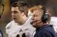 Nov 9, 2013; Pittsburgh, PA, USA; Notre Dame Fighting Irish quarterback Tommy Rees (left) and Irish head coach Brian Kelly (right) wait for a replay result against the Pittsburgh Panthers during the second quarter at Heinz Field. Mandatory Credit: Charles