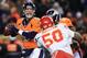DENVER, CO - NOVEMBER 17: Quarterback Peyton Manning #18 of the Denver Broncos drops back to pass as tackle Orlando Franklin #74 of the Denver Broncos blocks outside linebacker Justin Houston #50 of the Kansas City Chiefs at Sports Authority Field at Mil