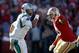 SAN FRANCISCO, CA - NOVEMBER 10: Cam Newton #1 of the Carolina Panthers is pressured by Tony Jerod-Eddie #63 of the San Francisco 49ers at Candlestick Park on November 10, 2013 in San Francisco, California. (Photo by Ezra Shaw/Getty Images)