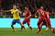 LISBON, PORTUGAL - NOVEMBER 15: Zlatan Ibrahimovich of Sweden is surrounded by Portuguese defenders during the FIFA 2014 World Cup Qualifier Play-off First Leg between Portugal and Sweden at Estadio da Luz on November 15, 2013 in Lisbon, Portugal. (Phot