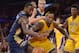 Nov 12, 2013; Los Angeles, CA, USA; New Orleans Pelicans guard Tyreke Evans (1) and Los Angeles Lakers forward Jordan Hill (27) battle for the ball at Staples Center. Mandatory Credit: Kirby Lee-USA TODAY Sports