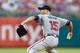 PHILADELPHIA, PA - JULY 06: Starting pitcher Tim Hudson #15 of the Atlanta Braves throws a pitch in the third inning of the game against the Philadelphia Phillies at Citizens Bank Park on July 6, 2013 in Philadelphia, Pennsylvania. (Photo by Brian Garfink