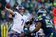 SEATTLE, WA - NOVEMBER 17: Quarterback Christian Ponder #7 of the Minnesota Vikings passes against the Seattle Seahawks at CenturyLink Field on November 17, 2013 in Seattle, Washington. The Seahawks defeated the Vikings 41-20. (Photo by Otto Greule Jr/G