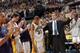 INDIANAPOLIS - MAY 19: Head coach Rick Carlisle of the Indiana Pacers motions to the crowd as the fans erupt in applause for Reggie Miller #31 after Game six of the Eastern Conference Semifinals against the Detroit Pistons during the 2005 NBA Playoffs at