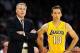 Oct 6, 2013; Los Angeles, CA, USA; Los Angeles Lakers head coach Mike D'Antoni (left) stands with guard Steve Nash (10) during the first half against the Denver Nuggets at Staples Center. Mandatory Credit: Christopher Hanewinckel-USA TODAY Sports