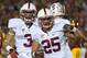Nov 16, 2013; Los Angeles, CA, USA; Stanford Cardinal running back Tyler Gaffney (25) celebrates with receiver Michael Rector (3) after scoring a touchdown in the first quarter against the Southern California Trojans at Los Angeles Memorial Coliseum. Mand