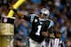 CHARLOTTE, NC - NOVEMBER 18: Cam Newton #1 of the Carolina Panthers reacts after throwing for a touchdown against the New England Patriots during their game at Bank of America Stadium on November 18, 2013 in Charlotte, North Carolina. (Photo by Streete