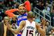 Nov 13, 2013; Atlanta, GA, USA; New York Knicks small forward Carmelo Anthony (7) keeps the ball away from Atlanta Hawks center Al Horford (15) in the first half at Philips Arena. Mandatory Credit: Daniel Shirey-USA TODAY Sports
