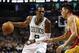 Jan 11, 2013; Boston, MA, USA; Boston Celtics point guard Rajon Rondo (9) dribbles the ball against Houston Rockets point guard Jeremy Lin (right) during the second half at TD Garden. Mandatory Credit: Mark L. Baer-USA TODAY Sports