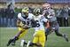 Nov 16, 2013; Evanston, IL, USA; Michigan Wolverines wide receiver Jeremy Gallon (21) runs with the ball against the Northwestern Wildcats during the first half at Ryan Field. Mandatory Credit: David Banks-USA TODAY Sports
