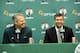WALTHAM, MA - JULY 5: New Boston Celtics head coach Brad Stevens (R) is introduced to the media by President of Basketball Operations Danny Ainge July 5, 2013 in Waltham, Massachusetts. Stevens was hired away from Butler University where he led the Bulldo