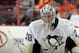 PHILADELPHIA, PA - OCTOBER 17: Marc-Andre Fleury #29 of the Pittsburgh Penguins warms up prior to the start of his game against the Philadelphia Flyers on October 17, 2013 at the Wells Fargo Center in Philadelphia, Pennsylvania. (Photo by Len Redkoles/N