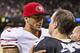 NEW ORLEANS, LA - NOVEMBER 17: Colin Kaepernick #7 of the San Francisco 49ers talks after the game to Dree Brews #9 of the New Orleans Saints at Mercedes-Benz Superdome on November 17, 2013 in New Orleans, Louisiana. The Saints defeated the 49ers 23-20